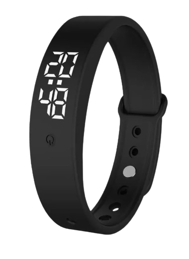 Smartwatch de pulseira preta com visor digital.