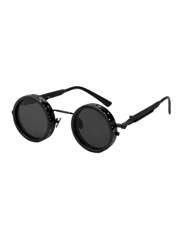 Óculos de sol retrô de armação redonda preta com lentes escuras.